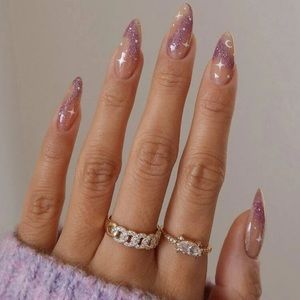 Long Almond Star Pattern Press-On Nails in Pink